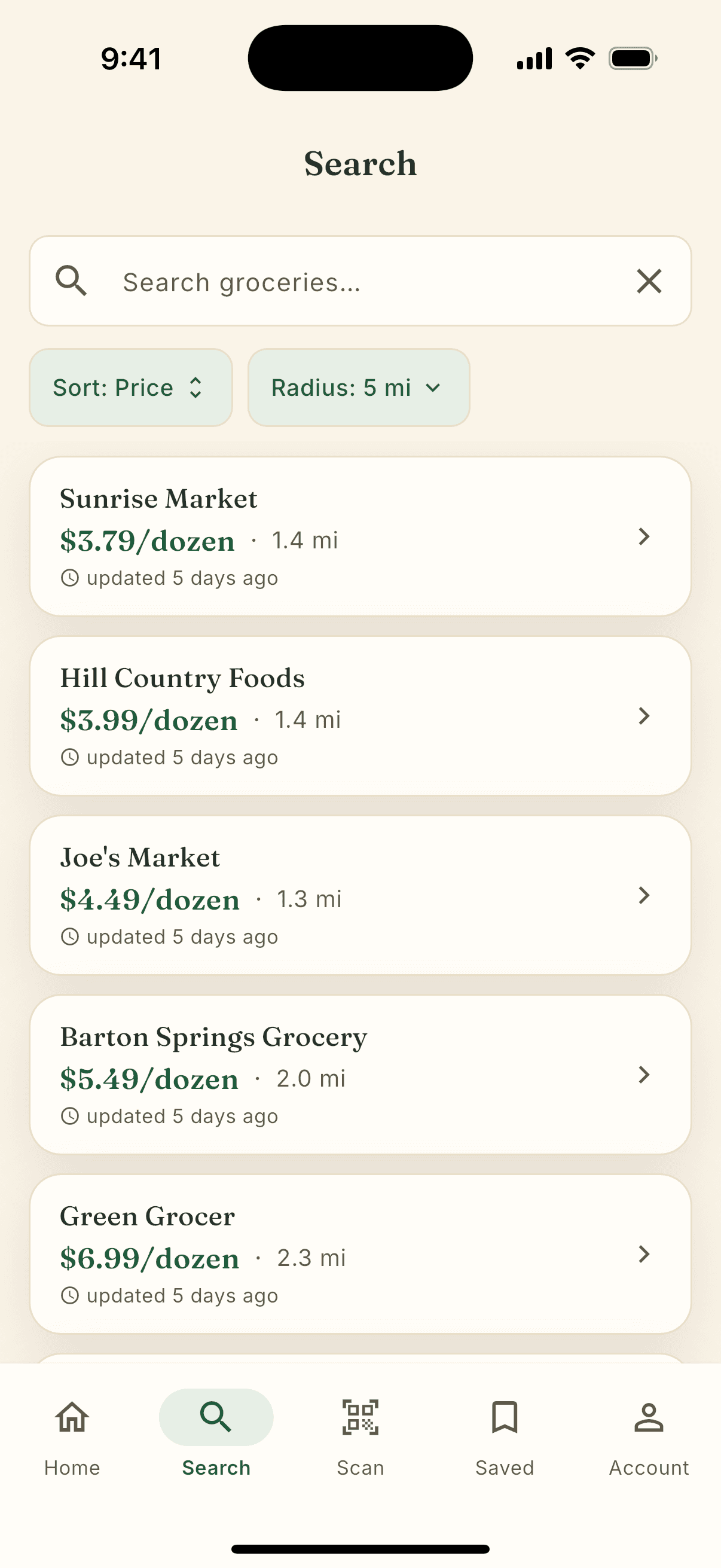 Lagniappe search screen showing store price comparison